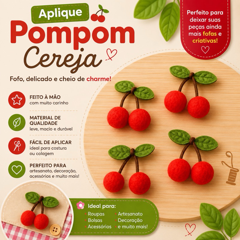 Aplique cereja Pompom 10und e 100und em poliéster
