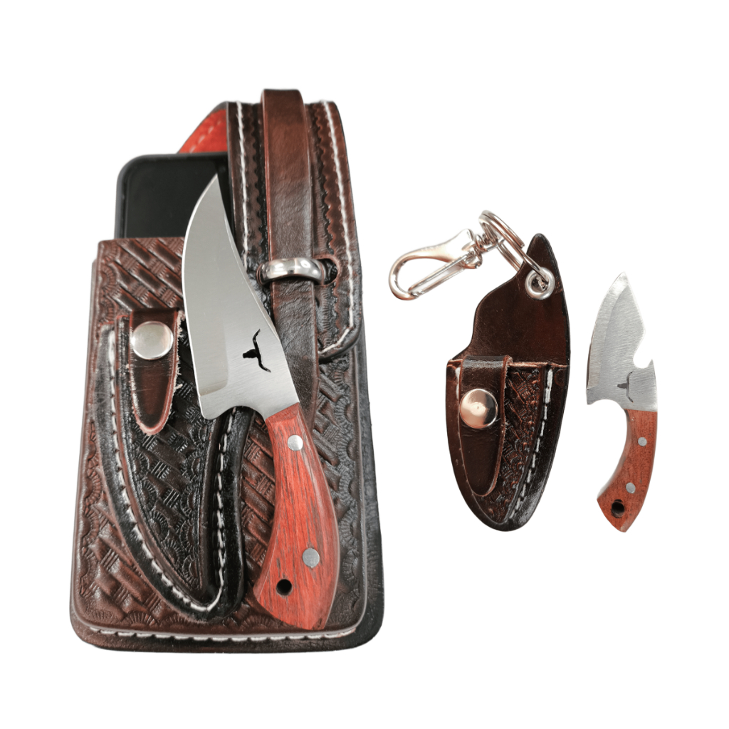 Kit Capa de Celular Couro Legítimo + Faca Tatuzinho + Chaveiro Mini Canivete