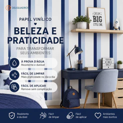 Papel de Parede Quarto Infantil Listrado Azul e Branco - Alta Fixação 12 Metros
