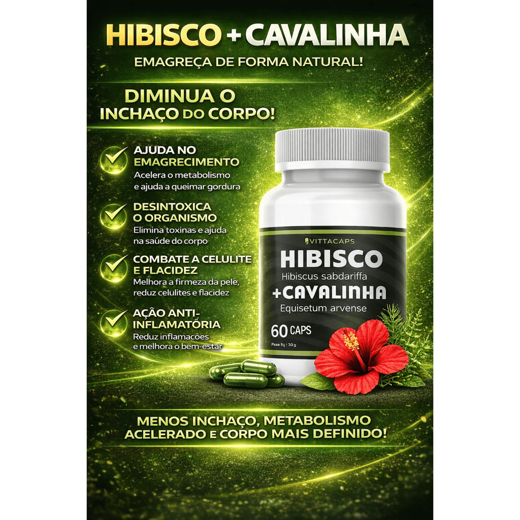 Desinchá Natural | Chá Verde + Hibisco + Cavalinha | Reduz Inchaço | 60 | 120| 180 Cápsulas