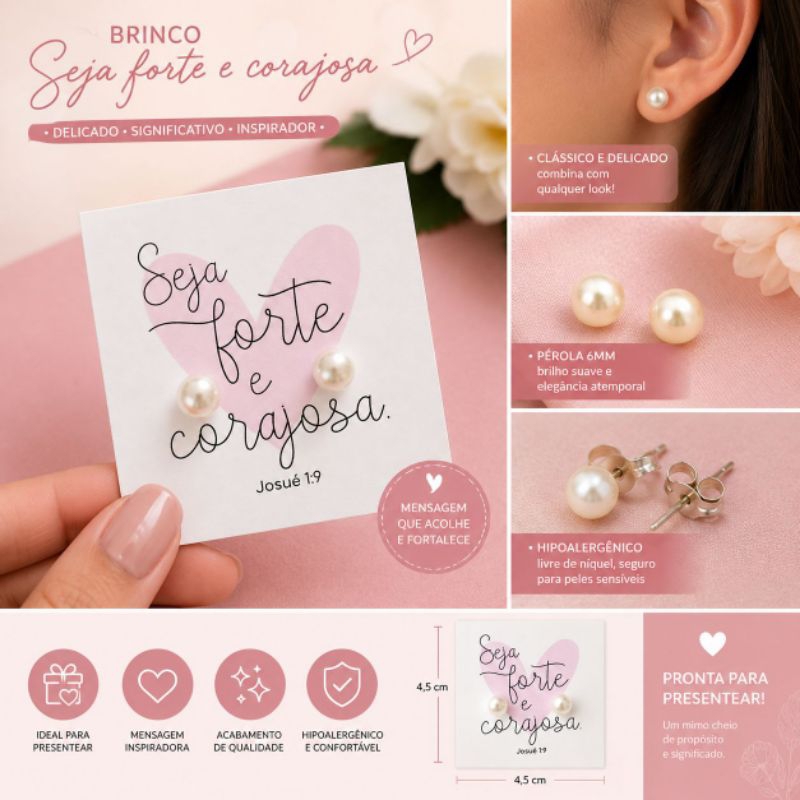 Kit 50 Pares de Brinco de Perola + Tag Mimo para Cliente Mensagem Bíblica