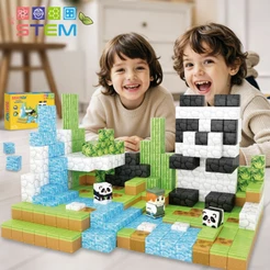 70 Peças de Blocos de Magneticos Montar Brastoy Tema Panda e Bambu, Brinquedo Educativo Infantil,3+