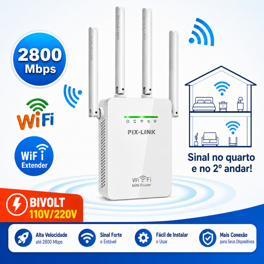 Repetidor Sinal Wifi Amplificador Pix-link 4 Antenas 2800mbps Extensor Longo Alcance Potente Roteador Sem Fio 110V/220V