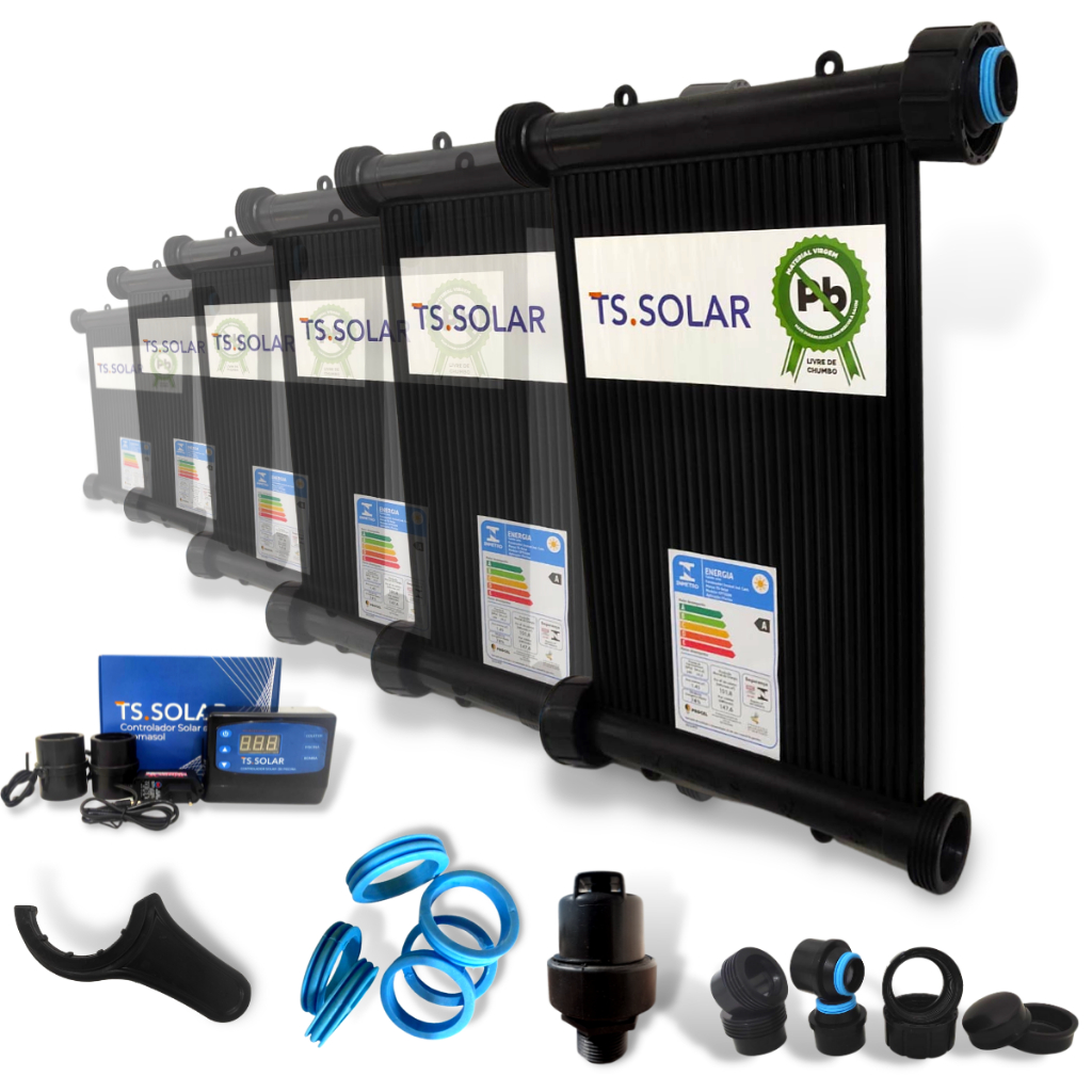 Aquecedor Solar Piscina TS Solar Kit 6 Placas 3m + Controlador + Válvula VQV + Kit Instalação