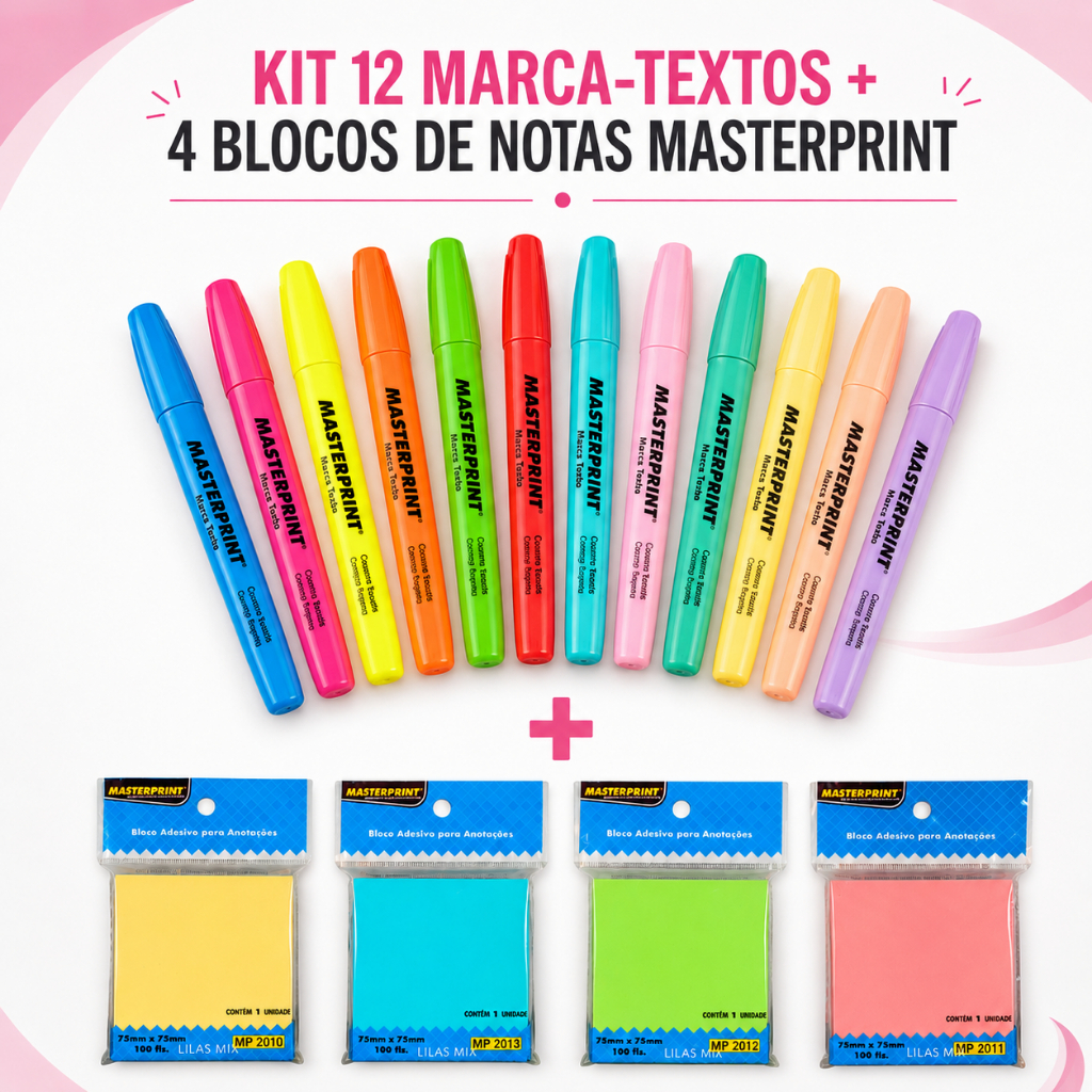 Kit Marca Texto 12 Cores Masterprint (6 Neons + 6 Pastéis) + 4 Blocos Notas Adesivo Marcador Páginas