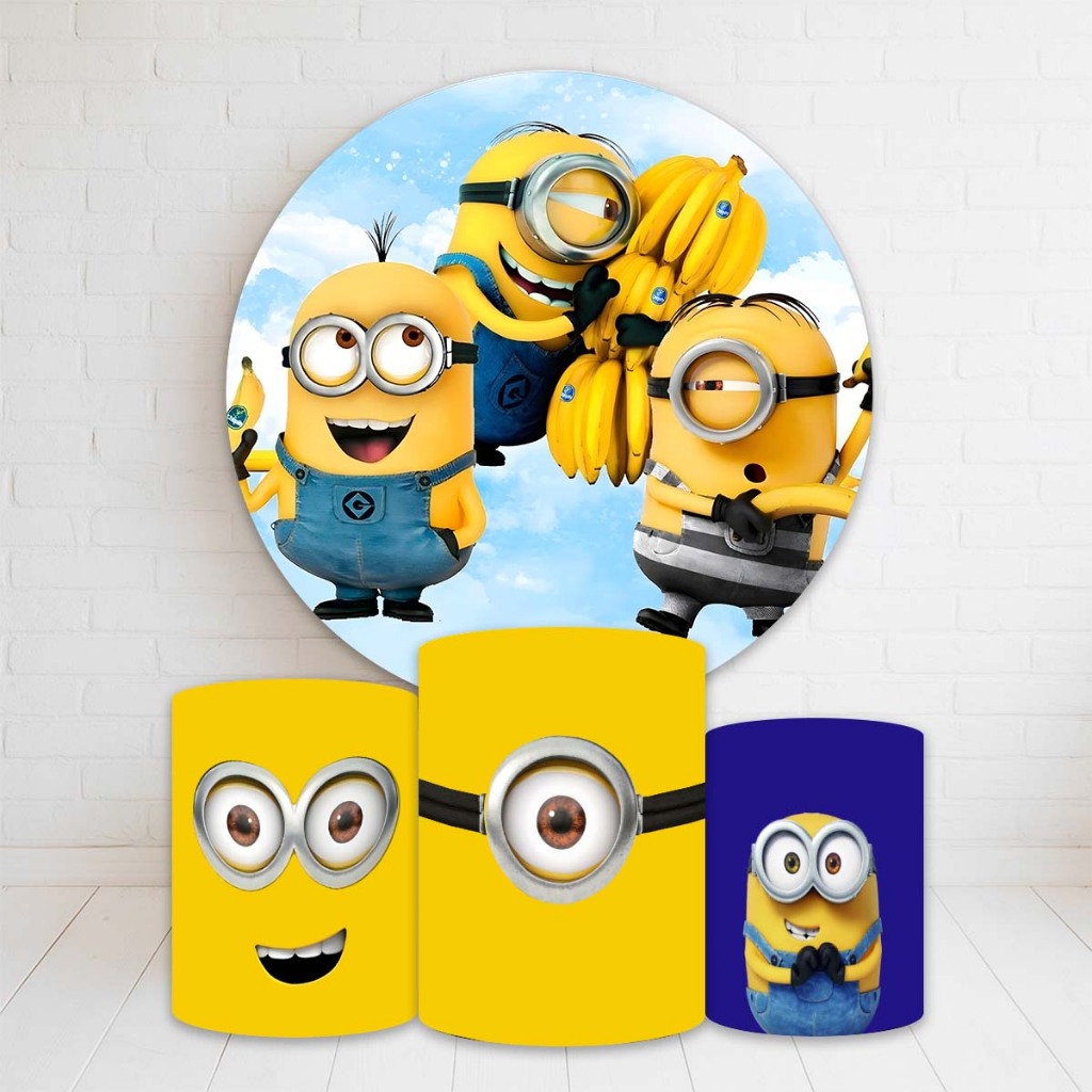 Kit Painel Redondo + Trio Capas Cilindro Sublimado 150x150 Completo Varios Temas Minion