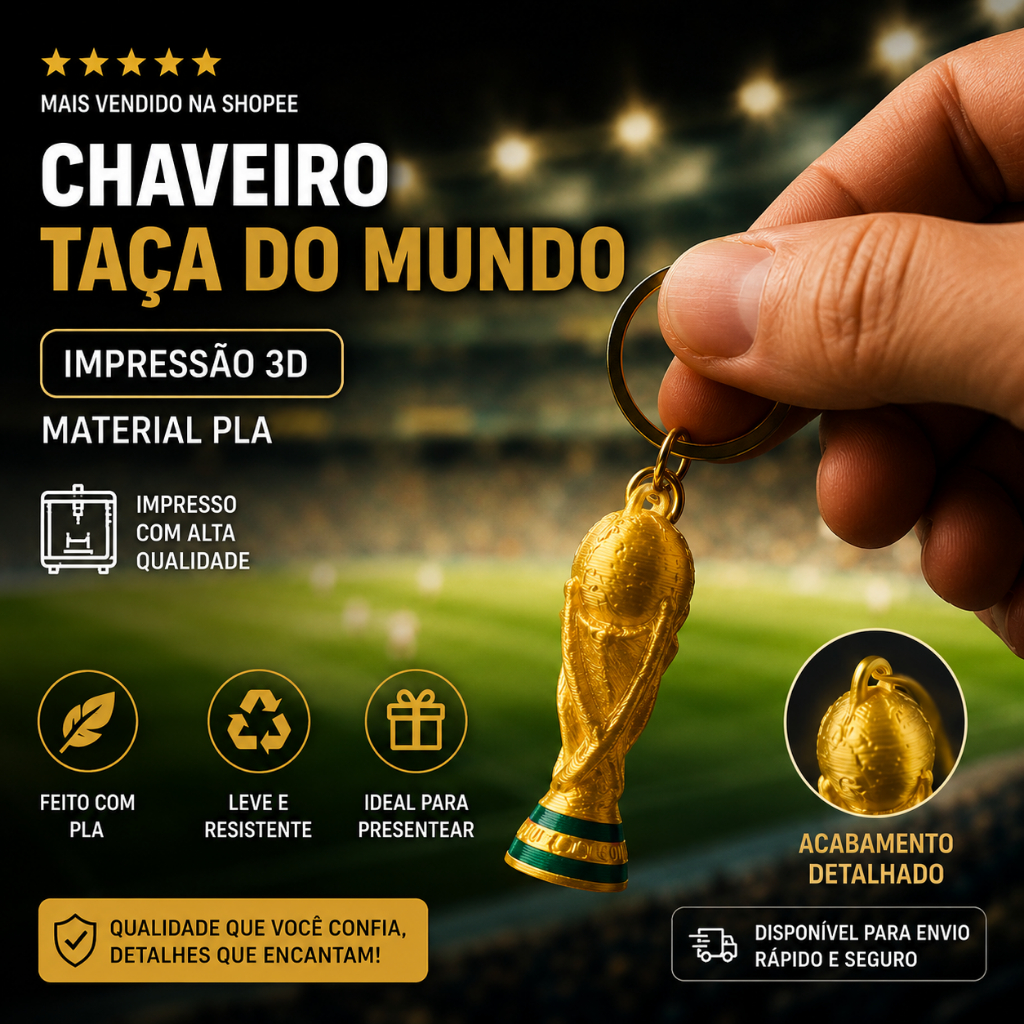 Kit 10 Chaveiro Taça do Mundo Copa Em Impressão 3D PLA | Mini Troféu Futebol Colecionável Resistente Presente Geek