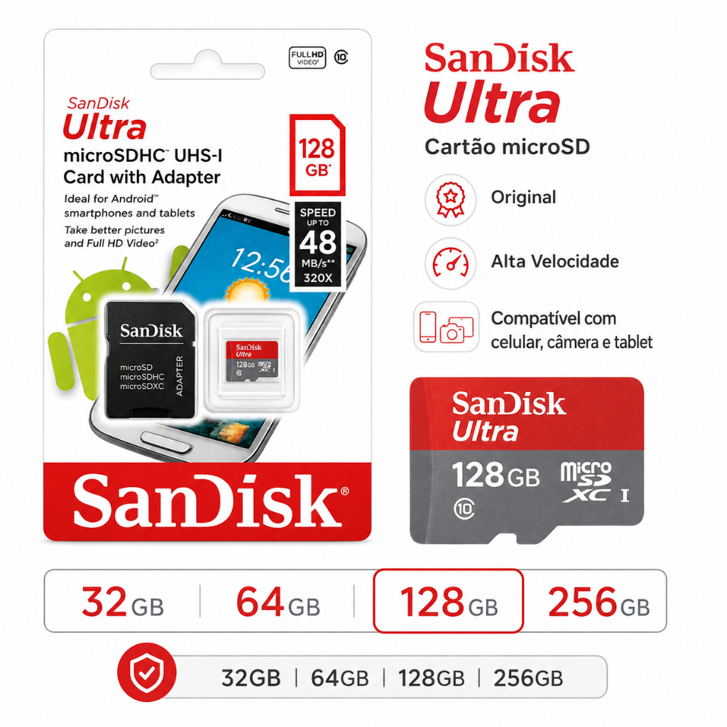 Cartão Memória MicroSD SanDisk Ultra Original 32GB 64GB 128GB 256GB Com Adaptador