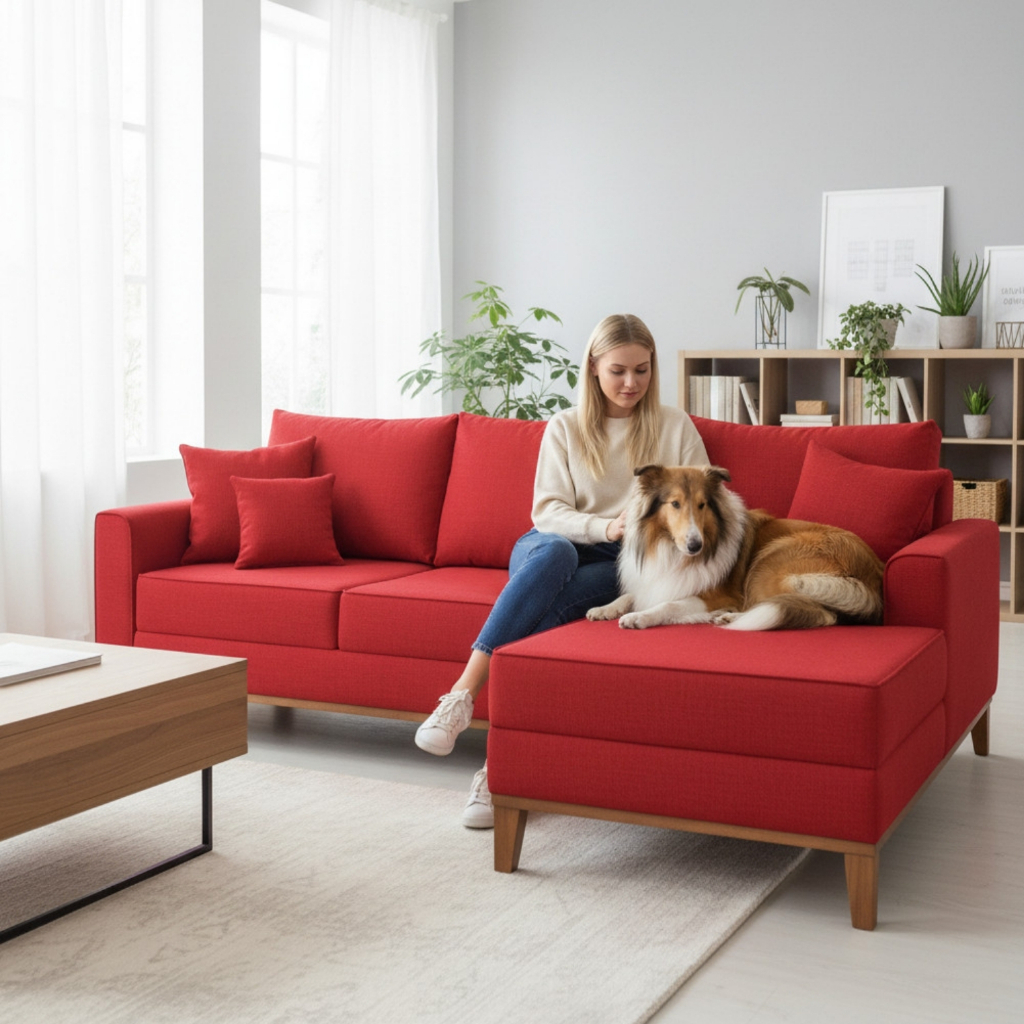 Sofá 3 Lugares Beny com Chaise Direito Suede Vermelho