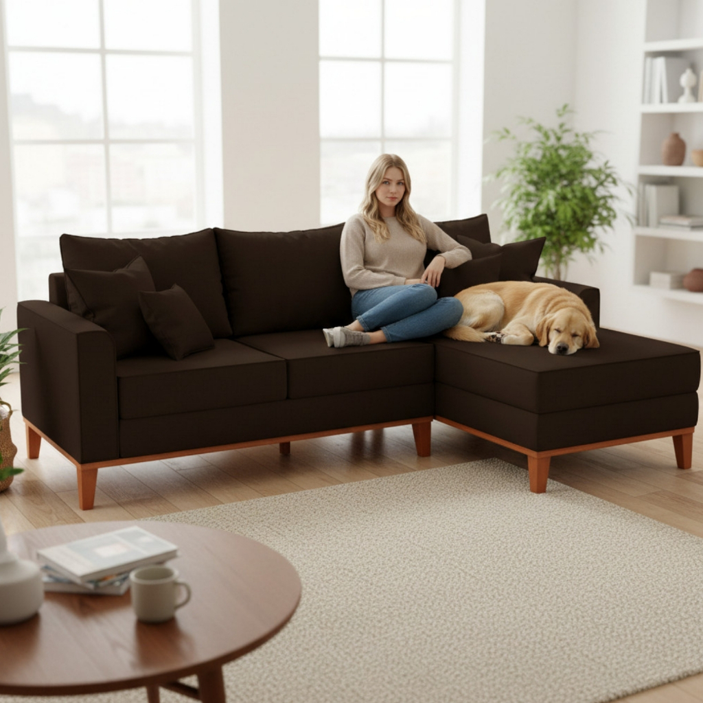 Sofá 3 Lugares Beny com Chaise Direito Corino Marrom