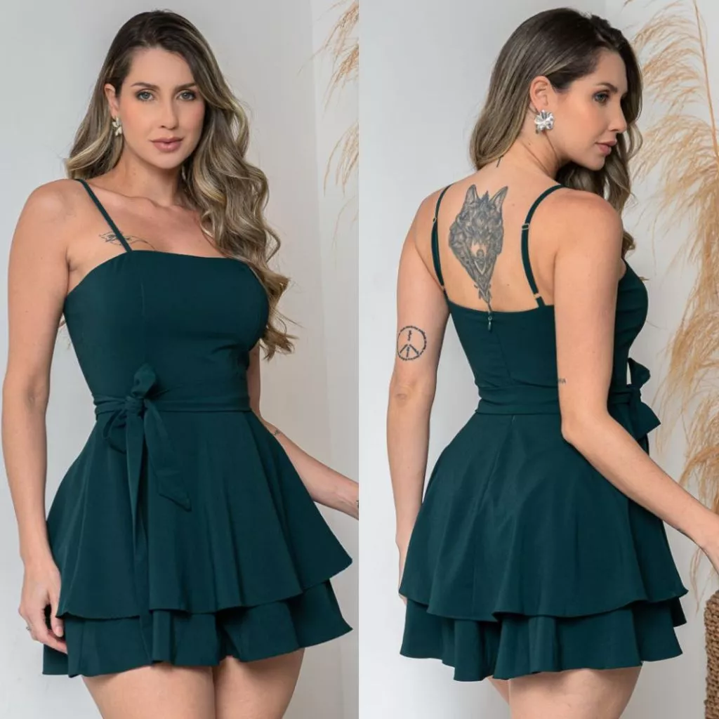 Macaquinho Vestido Feminino Liso Elegante com Bojo Forrado Laço Removível — imagem 1