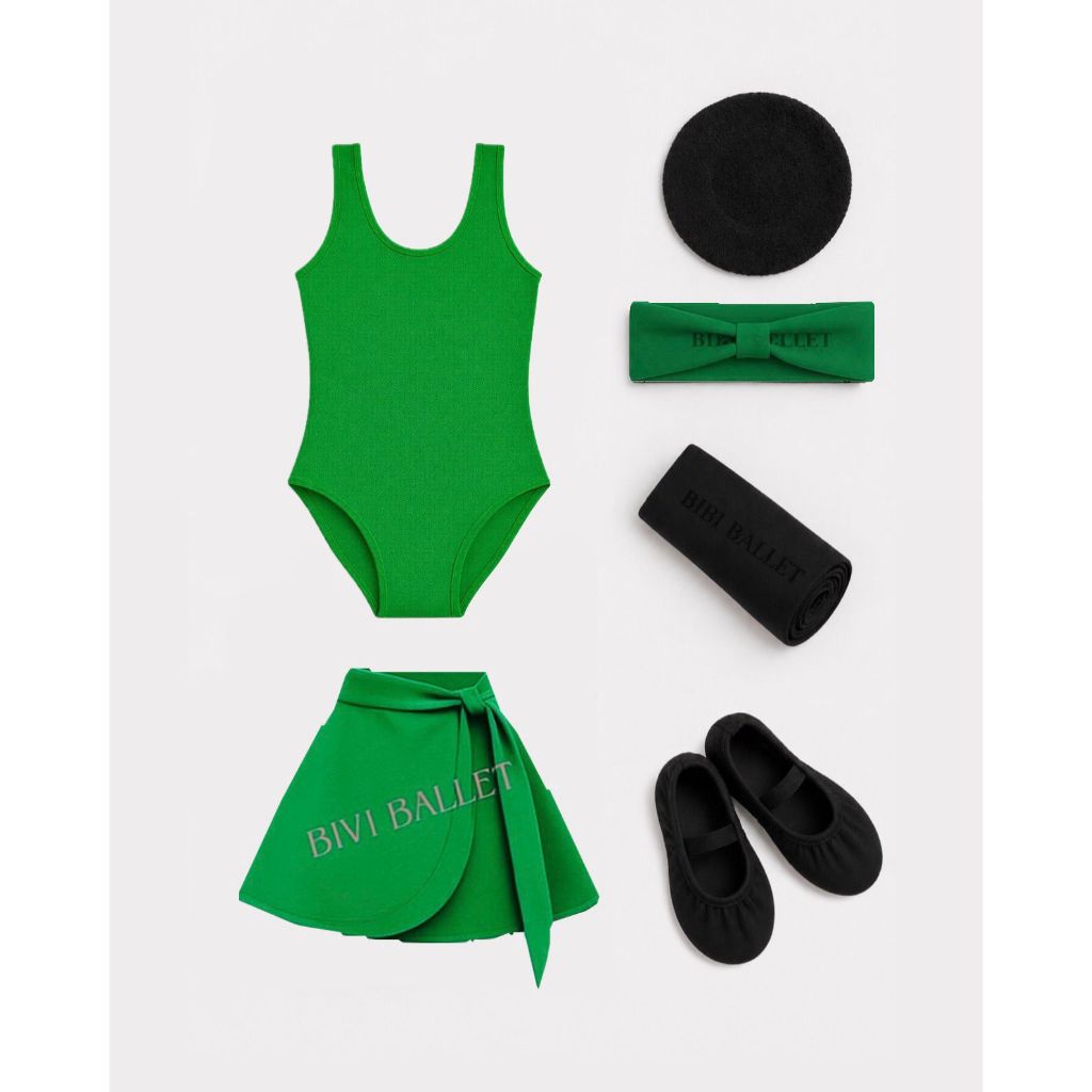 Kit 6 Itens Infantil&Julvenil - Collant Regata + Saia Transpassada e Faixa [VERDE BANDEIRA] com o RESTANTE (PRETO)