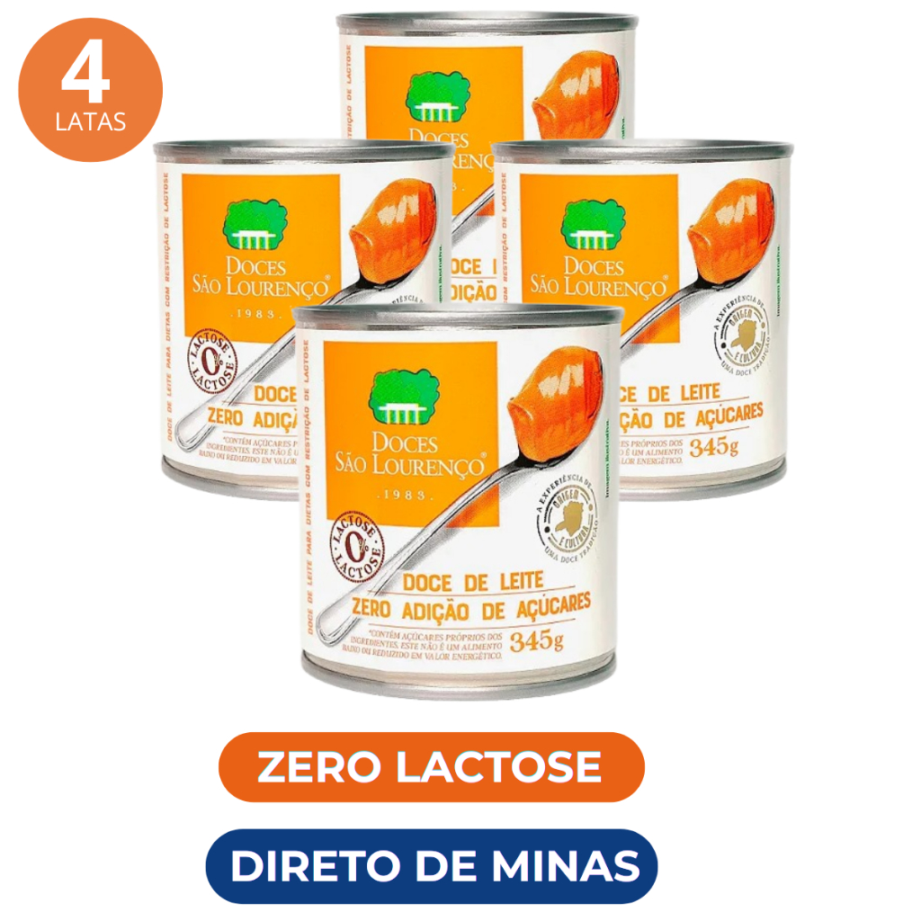 Kit 4 Latas Doce de Leite Zero Lactose Zero Açúcar Diet 345g Cremoso Doces São Lourenço Promoção Atacado