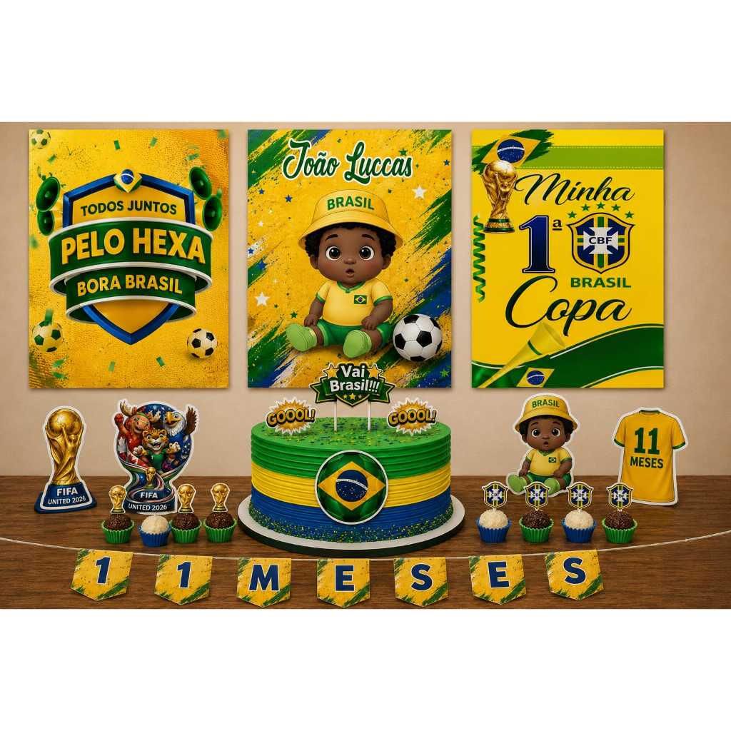 Kit Minha Primeira Copa Brasil,Mesversário Futebol” - Vários Tons de Pele(Qualquer tema)