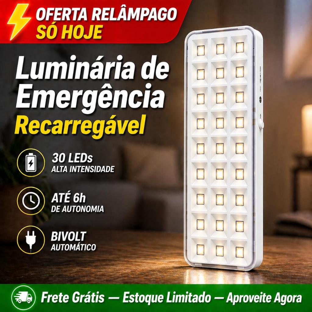 Kit 5 Luminárias De Emergência Luminária LED 30 Leds Bateria Recarregável Luz de Segurança Bivolt Branco Frio Portátil