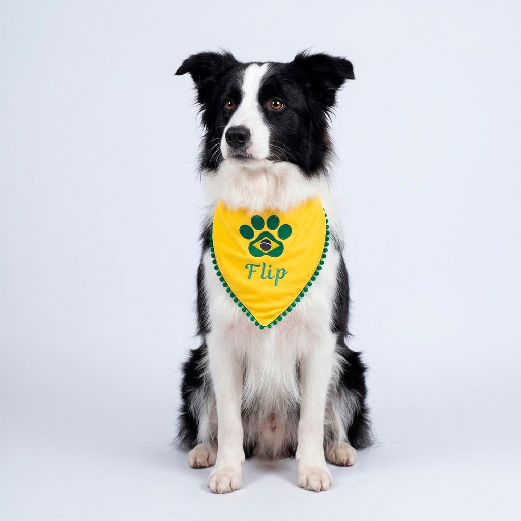 Bandana Pet Temática Copa Personalizada Nome Em Micropercal Forrado Ajustável Com Botões De Pressão
