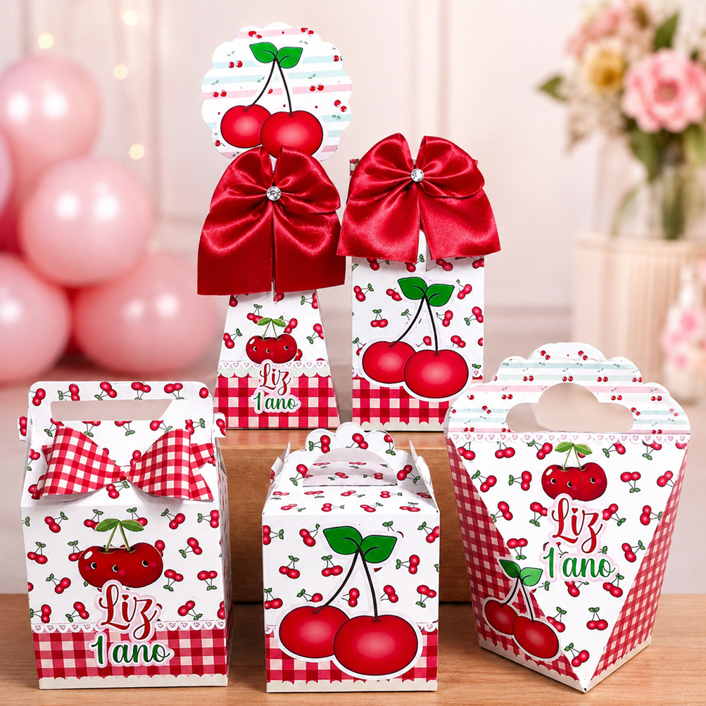 Kit Personalizados caixas Festa Cerejinha Cereja Caixinha Aniversário Lembrancinha Pegue e Monte