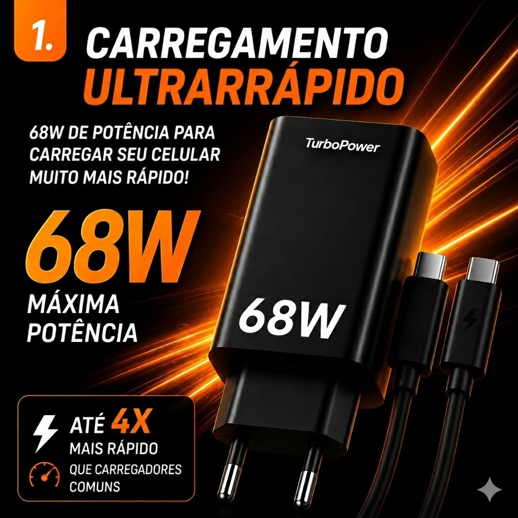 {ORIGINAL} Kit Carregador Fonte e Cabo Turbo 68W UBS- C Tipo C Super Rápido Para Celular Android