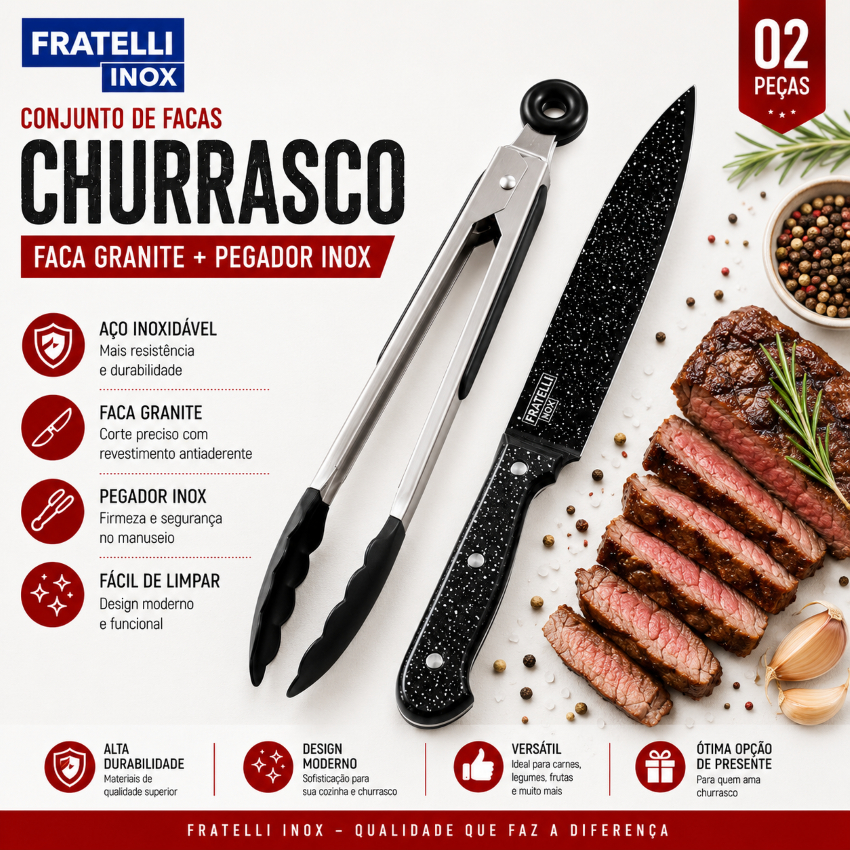 Detalhes do Kit Churrasco Fratelli Inox 2 Peças Faca Granite + Pegador