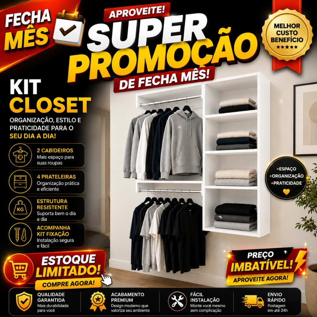 Closet Aberto Arara Suspenso de Parede Cabideiro