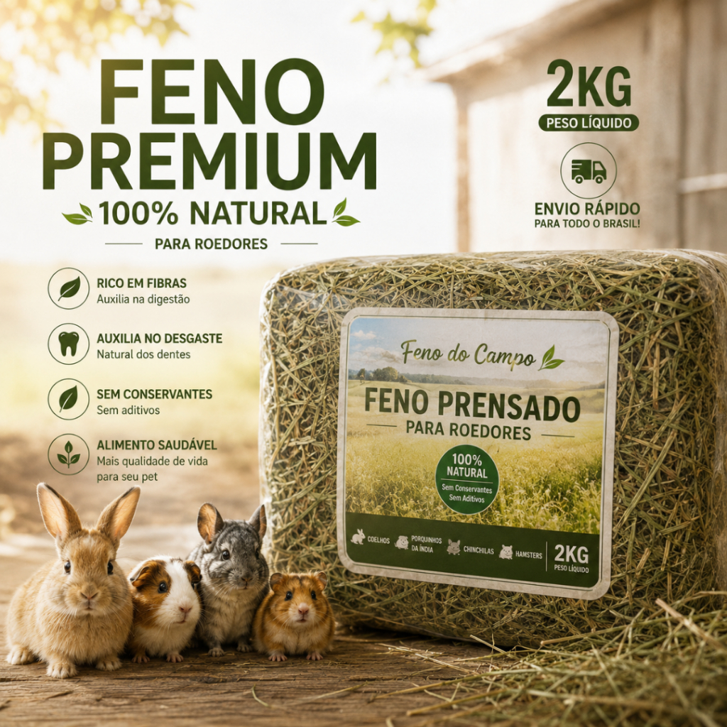 Feno Prensado Premium 2kg Natural P/ Coelho Hamster Porquinho-da-Índia Chinchila