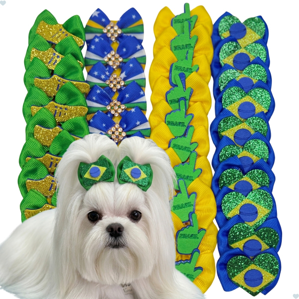 Kit Laços Pet Copa do Mundo Brasil Futebol Premium Lacinhos Sortidos Temáticos Banho e Tosa Pet Shop
