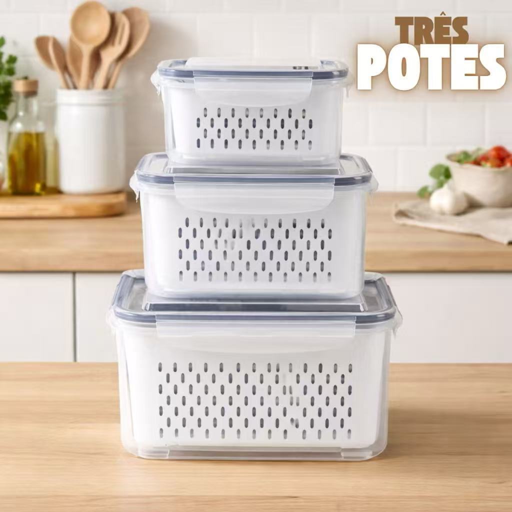 Organizador com 3 potes Herméticos De Geladeira para frutas, alimentos inclui Cesto tampa