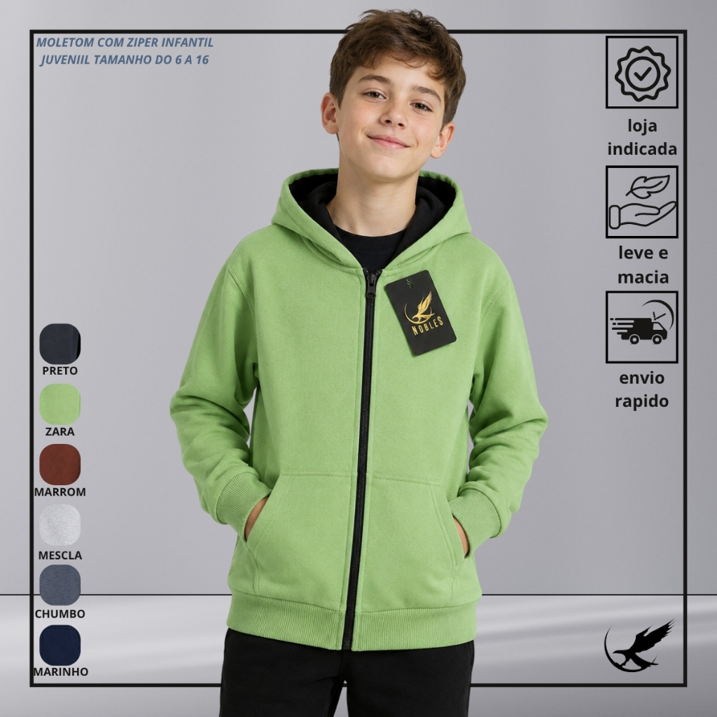 Blusa de Frio Moletom Com Ziper Flanelado Infantil Juvenil Unissex 6ao16