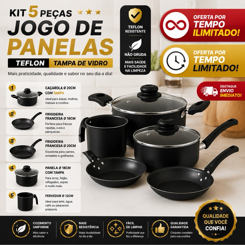 Conjunto 5 Panelas Jogo Kit 5 Panelas Teflon Tampa de Vidro Linha Clarity 5 Peças Preto e Preto