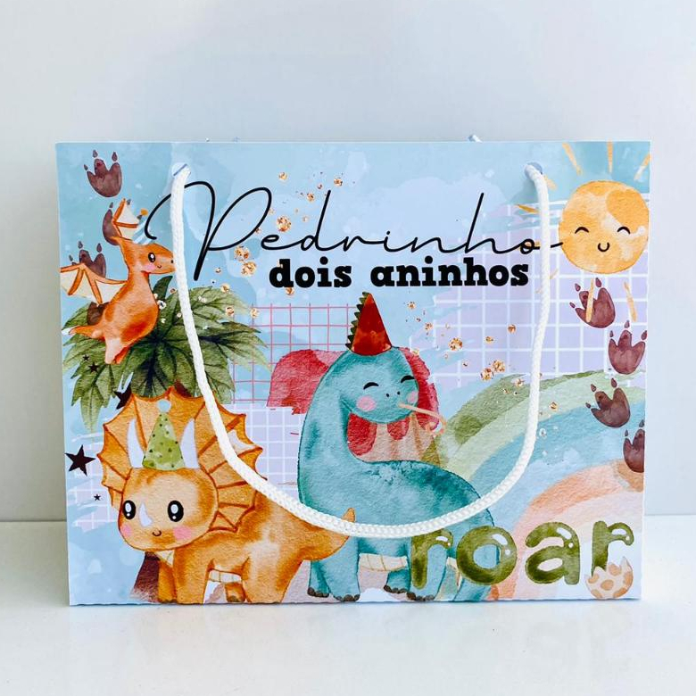 Kit Sacolinha Personalizada DINO BABY DINOSSAURO Lembrancinha Surpresa Festa Infantil Aniversário 20x15x6cm