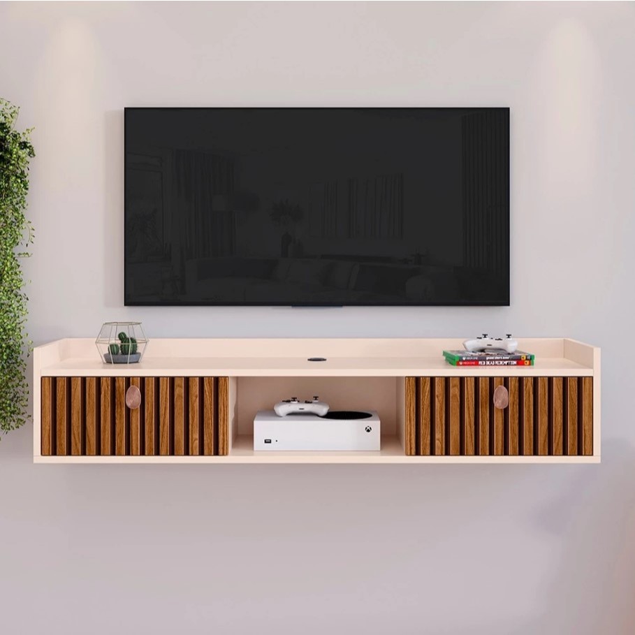 Rack TV Suspenso Painel Com 2 Portas E Nicho Sala 90cm Vegas 32 Polegadas Bancada Aparador