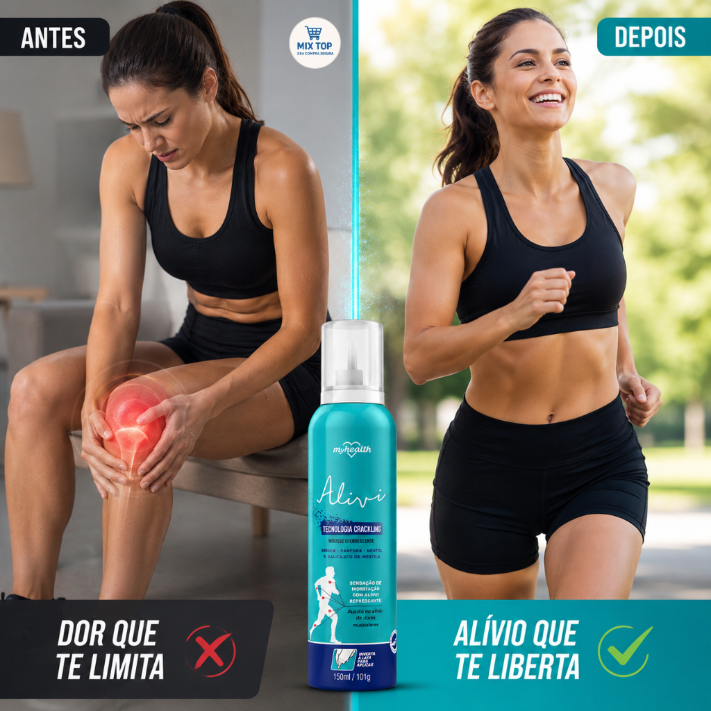Dor muscular? Alivi Mousse Efervescente com Arnica, Cânfora e Mentol. Sensação refrescante e alívio muscular.