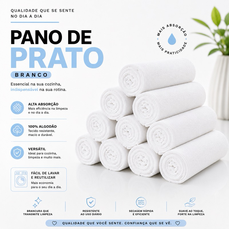 Panos de Prato Branco Liso 100% Algodão kit 10 Pé de Galinha Alta Absorção Costura Reforçada