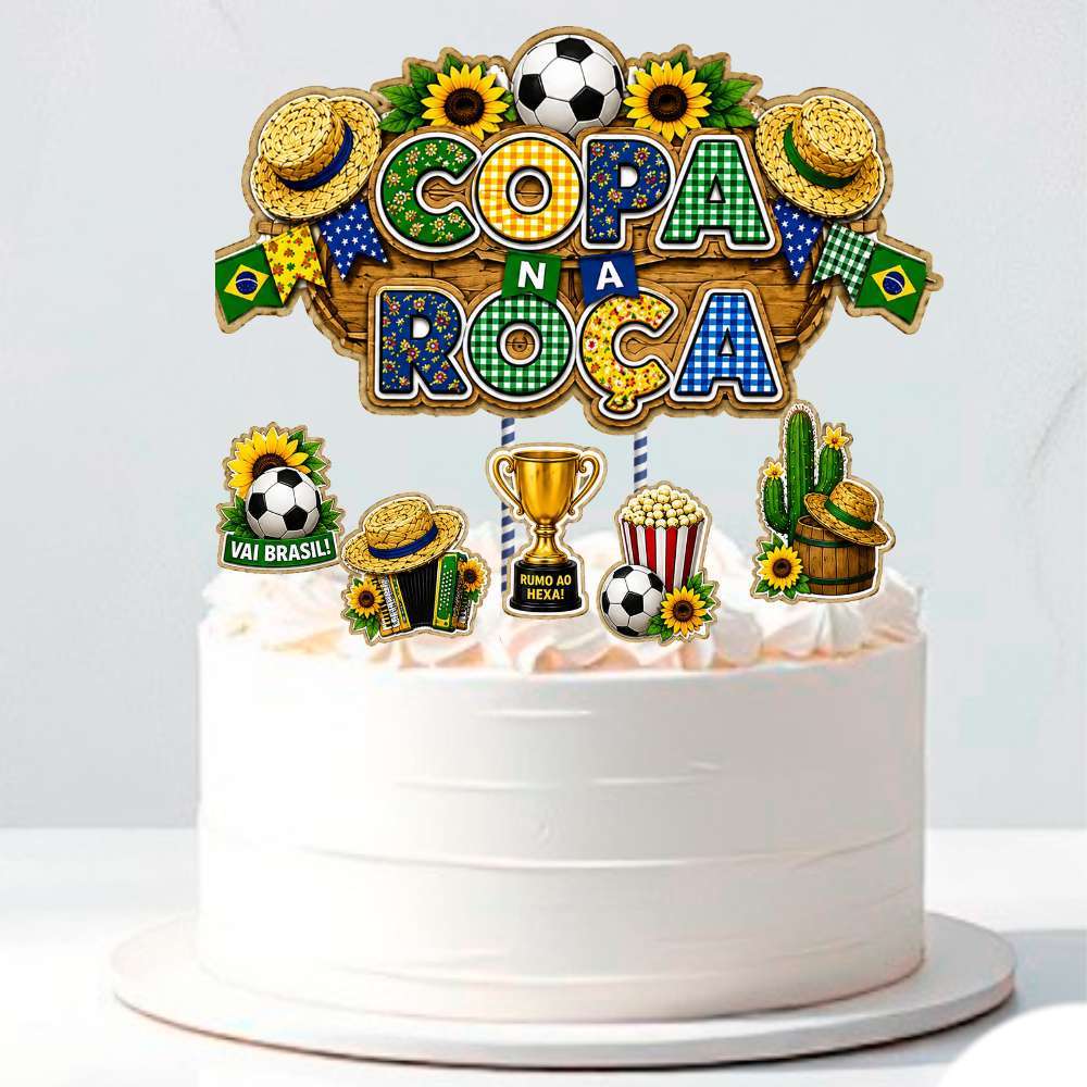 Kit 1 Topo De Bolo Copa Na Roça + 5 Topper Para Doces  Chapéu Taça VERDE AMARELO