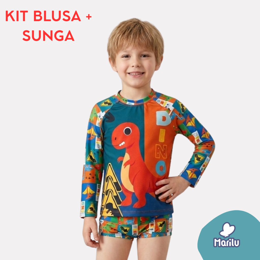 Conjunto de banho praia piscina solar natação infantil masculino menino proteção uv camisa e sunga estampado
