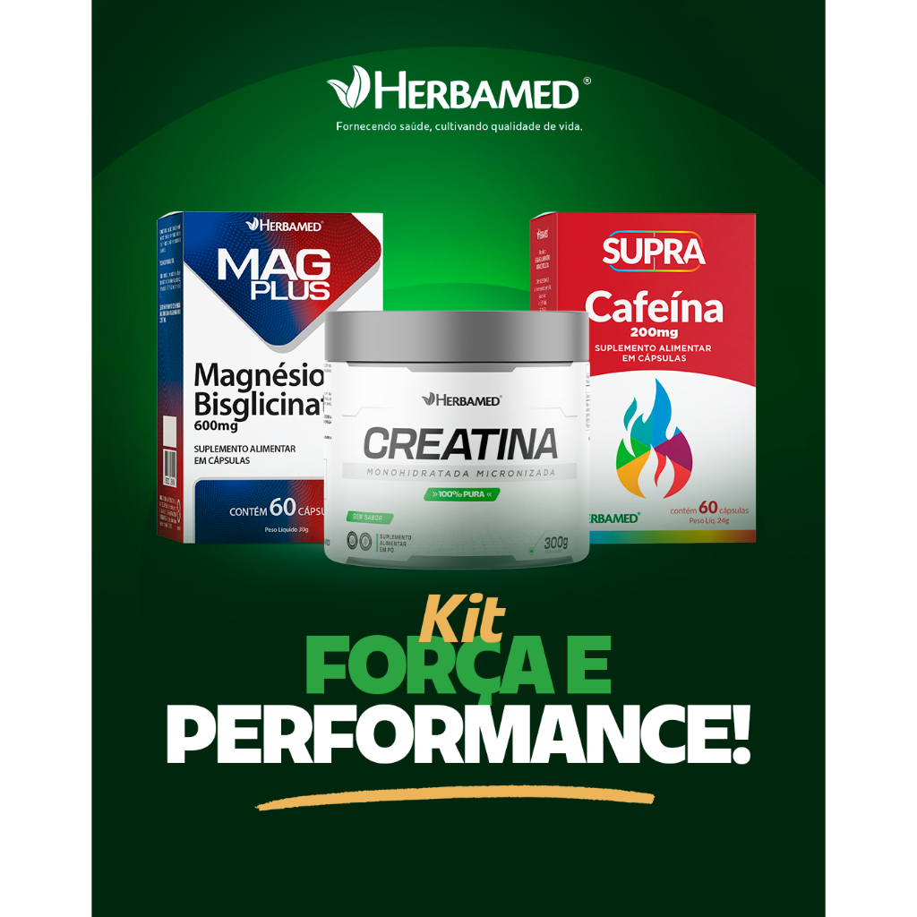 Kit Creatina 300g + Caféina Supra 200mg 60 Caps  + Magnésio Bisglicinato 60 Caps MagPlus Herbamed
