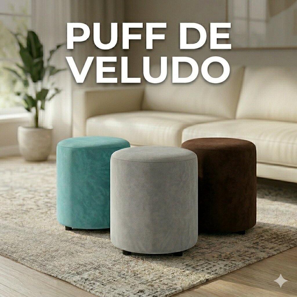 PUFF DE MADEIRA E VELUDO REDONDO REFORÇADO 34x30CM 150KG