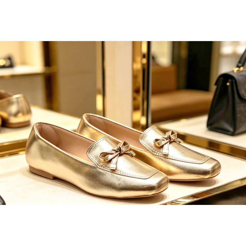 SAPATILHA FEMININA MOCASSIM FEMININO BICO QUADRADO DOURADA METALIZADA COM DETALHE DELICADO DE LAÇO