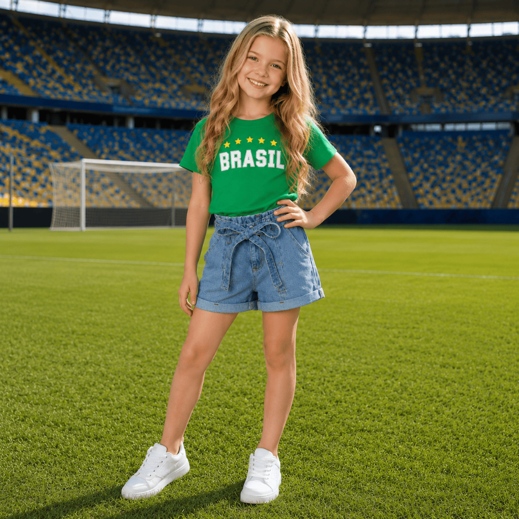 Conjunto Infantil Brasil Menina Camiseta T Shirt Verde Brasil + Short Jeans Mini Diva Blogueirinha
