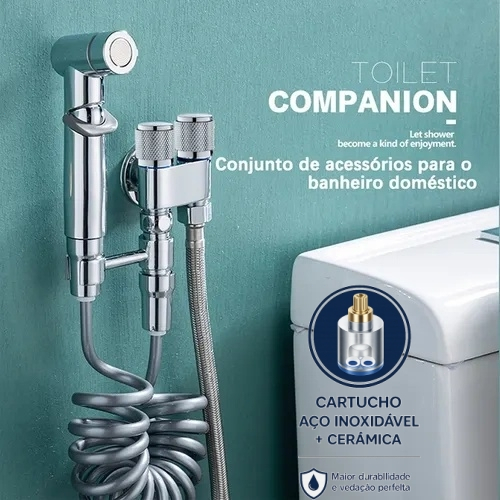 Kit Ducha Higiênica Dupla Banheiro e Lavatório Inox e ABS Chumbo/Cromado com Registro Duplo Yesop