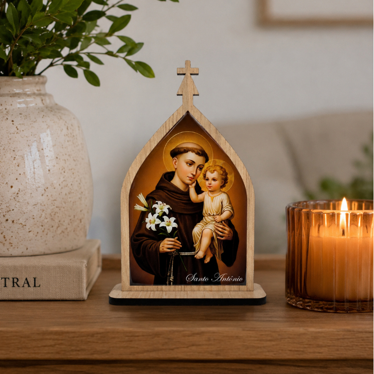 Oratório Capela Santo Antônio 20cm MDF e  Imagem Resinada | Decoração Casa Presente Católico Religioso Fé Proteção