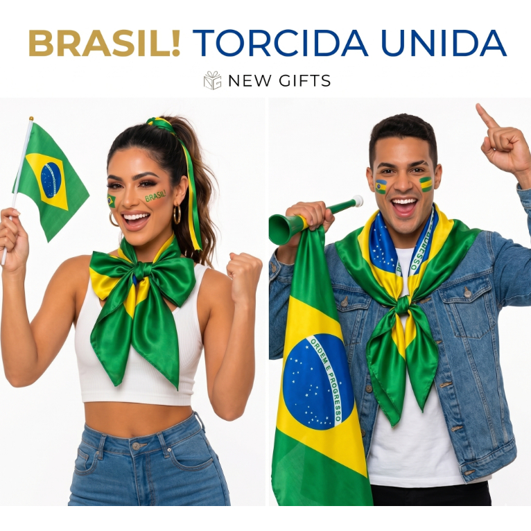 Lenço Cetim Brasil na Copa 2026! 90x90cm, diversas formas de usar! combine looks sensacionais no clima da copa do mundo!