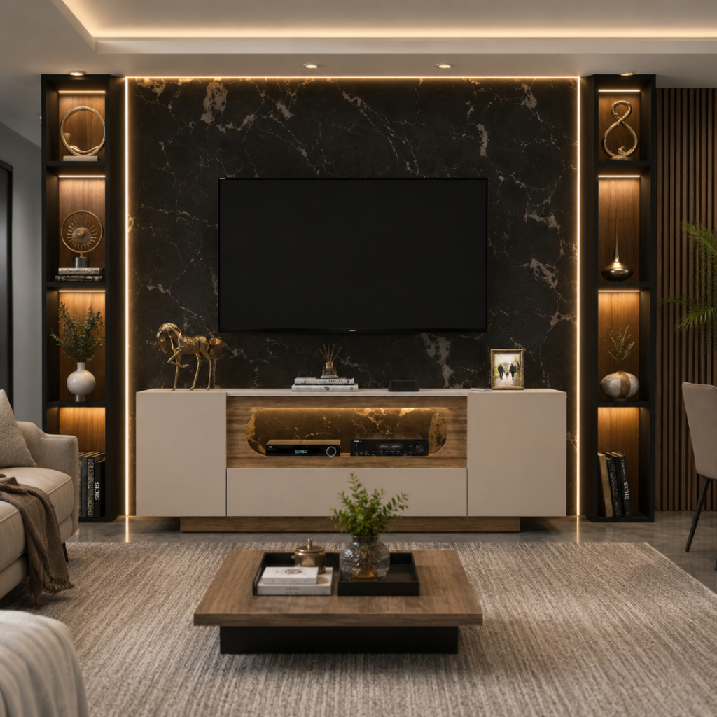 Rack Moderno para TV até 60 Polegadas Off White Nature com LED Nicho Orgânico Decorativo 2 Portas 1 Gaveta Design Contem