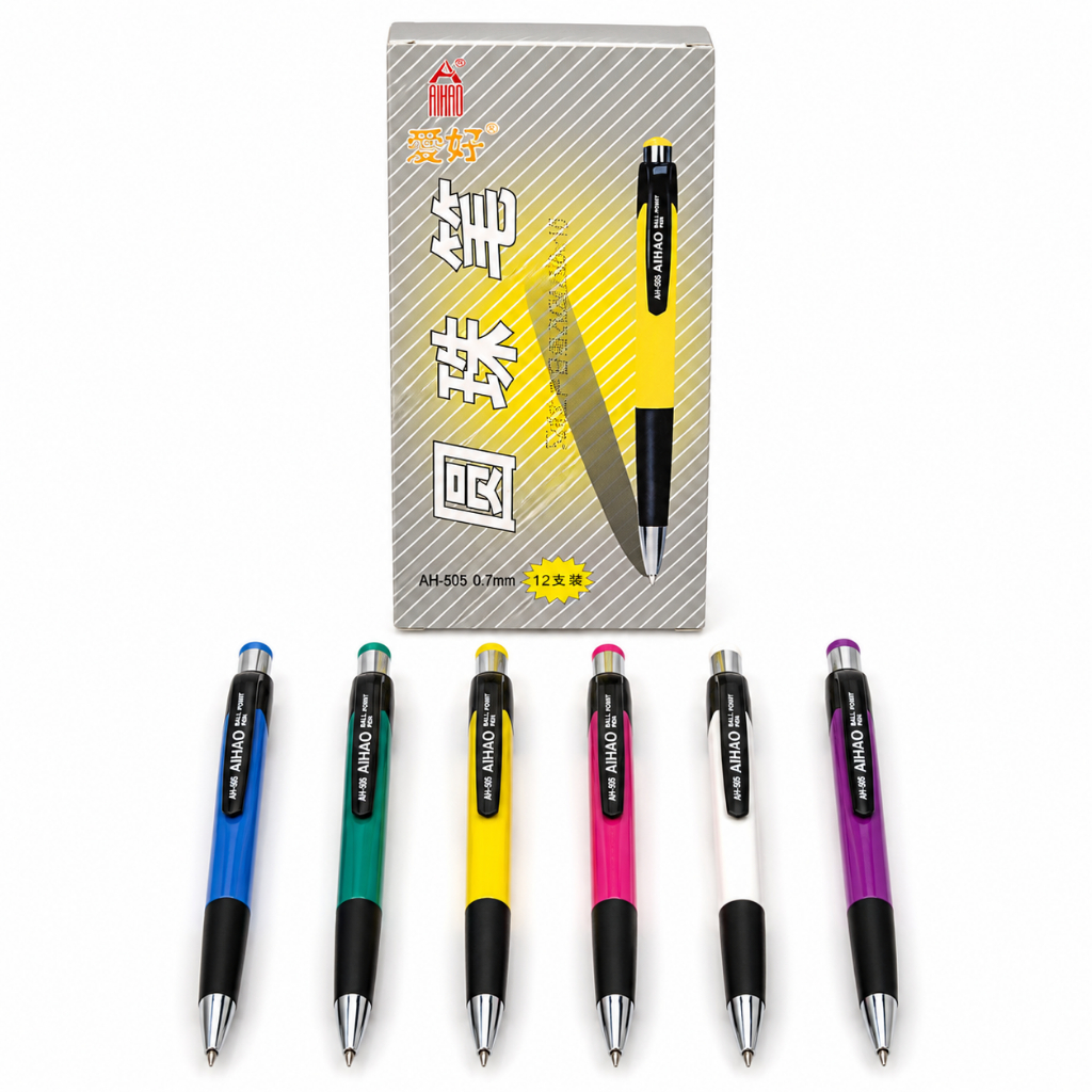 Kit 12 Canetas Esferográficas Retráteis AIHAO AH-505 0.7mm Tinta Preta Cores Sortidas Para Escola Escritório