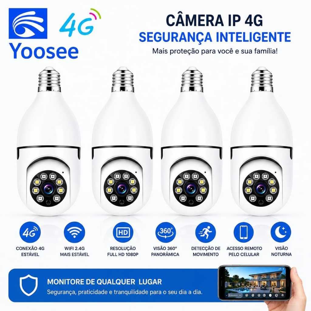 Câmera de Segurança Prova D'água Lâmpada Sem Fio App Yousee full HD visão noturna
