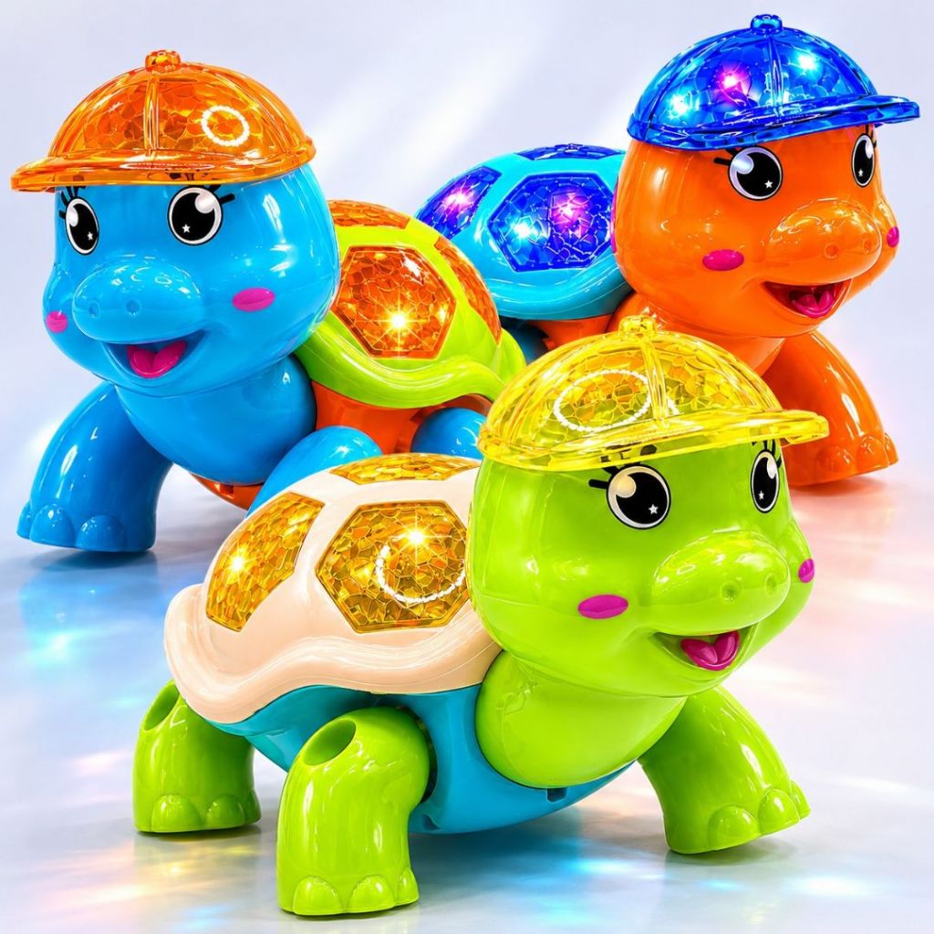 Brinquedo Tartaruga Fujona Elétrico com Luz LED Som e Movimento Automático Infantil Educativo Bebê