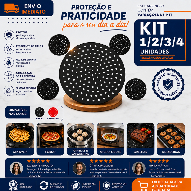 Protetor Tapete Silicone Reutilizável 1/2/3/4 Para Air Fryer 20x20cm Antiaderente Resistente Vermelho ou Preto