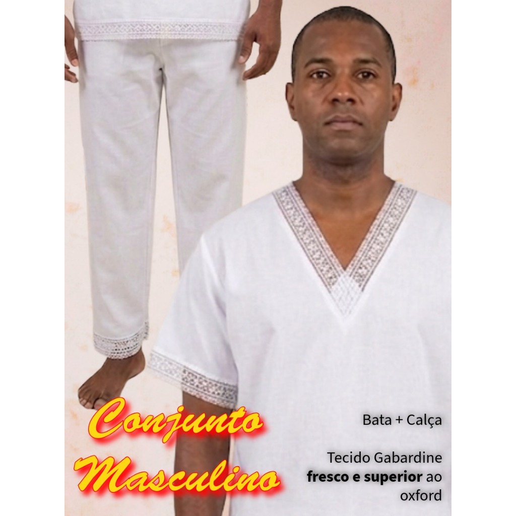 Conjunto Masculino Umbanda Candomblé Branco Gabardine Entremeio