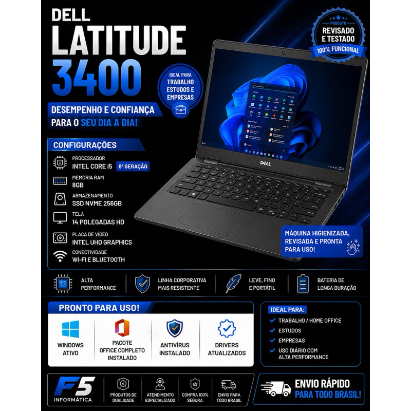 Notebook Dell 3400 / CORE I5 - SSD 256GB - 8 GB RAM - 💼 LINHA CORPORATIVA (PCT OFFICE COMPLETO)
