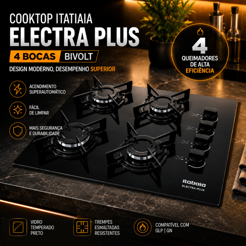 Cooktop Itatiaia Electra Plus 4 Bocas Vidro Temperado Preto GLP Bivolt Acendimento Automático